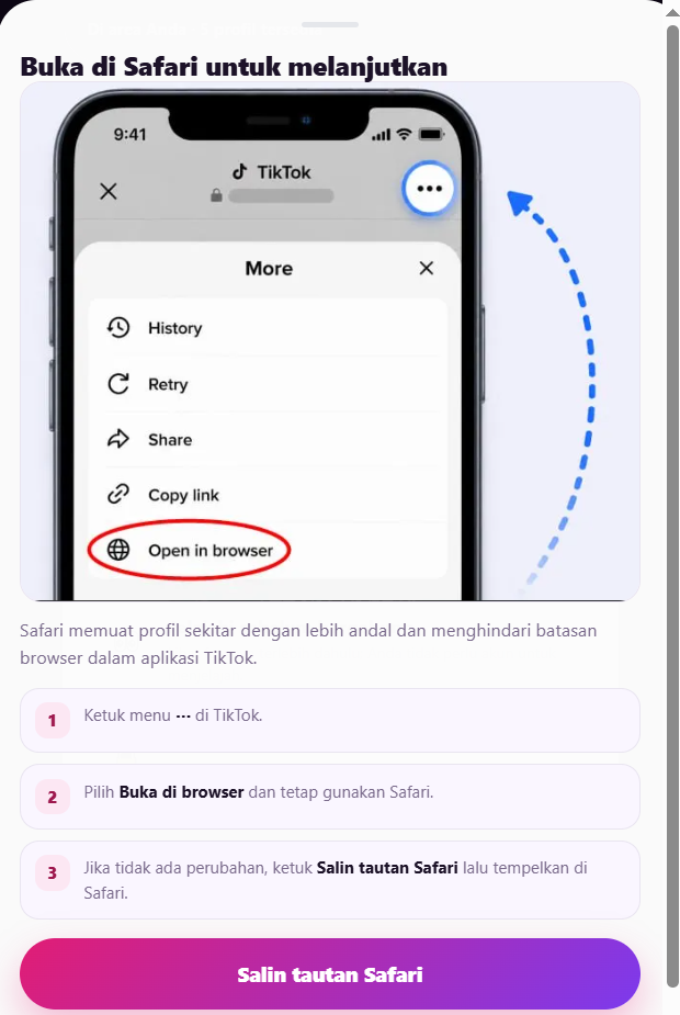 Menu TikTok dengan pilihan Buka di browser yang diberi tanda
